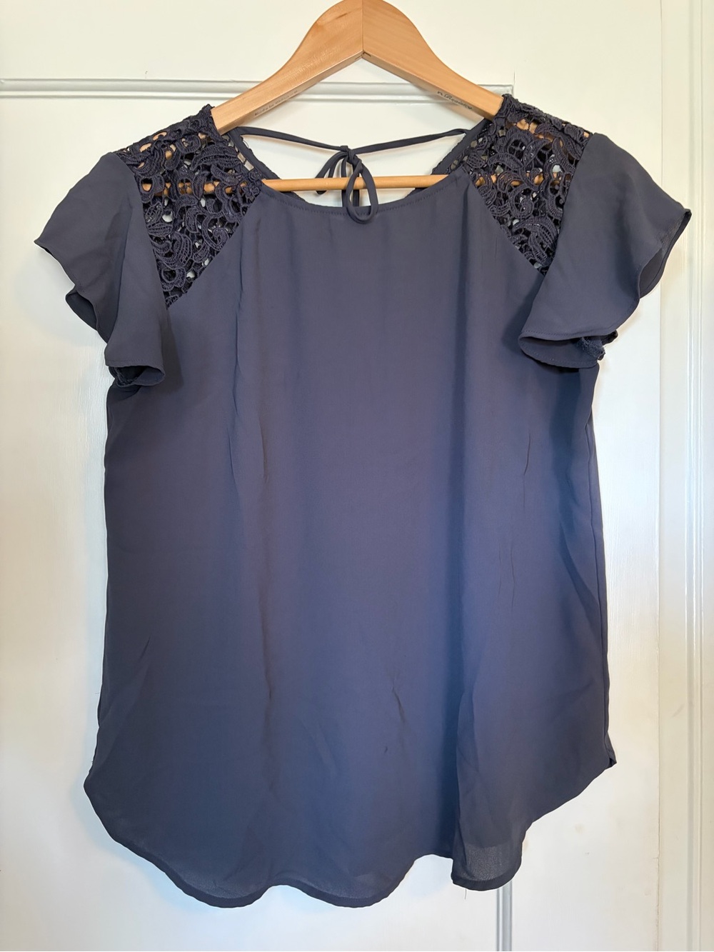 LOFT Slate Navy Crochet Shoulder Flutter Sleeve Blouse